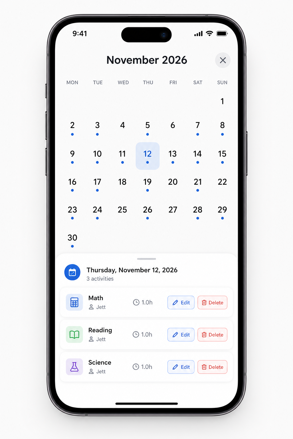 Kernlo interactive monthly calendar with edit and delete actions
